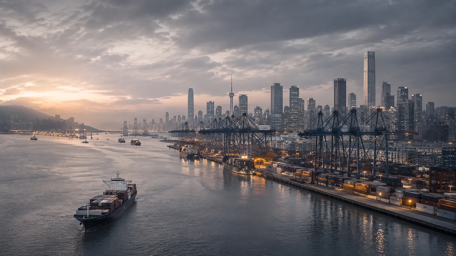 Modern Asian port with container vessel and city skyline