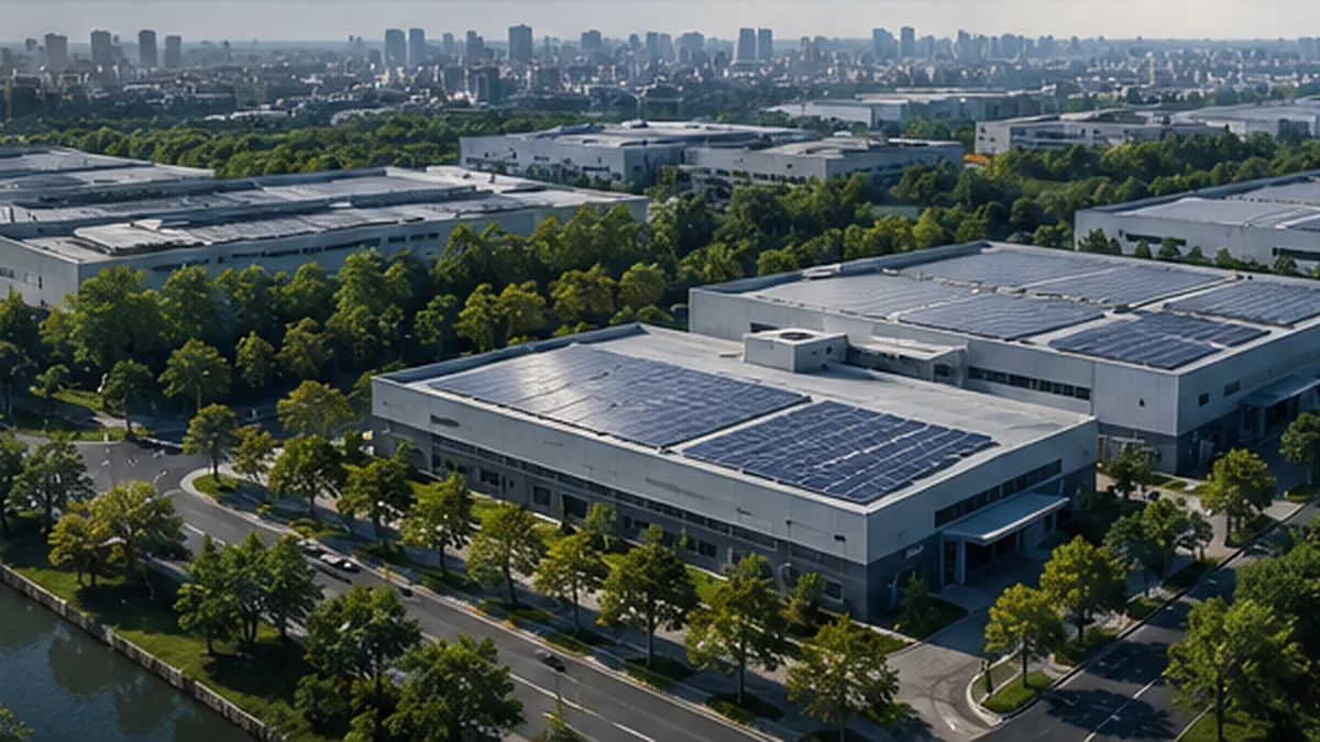 Modern Asian industrial park with rooftop solar and green infrastructure